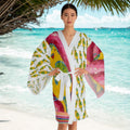 Yellow Parakeet Illustration Long Sleeve Kimono Robe | Bird Pattern, AOP