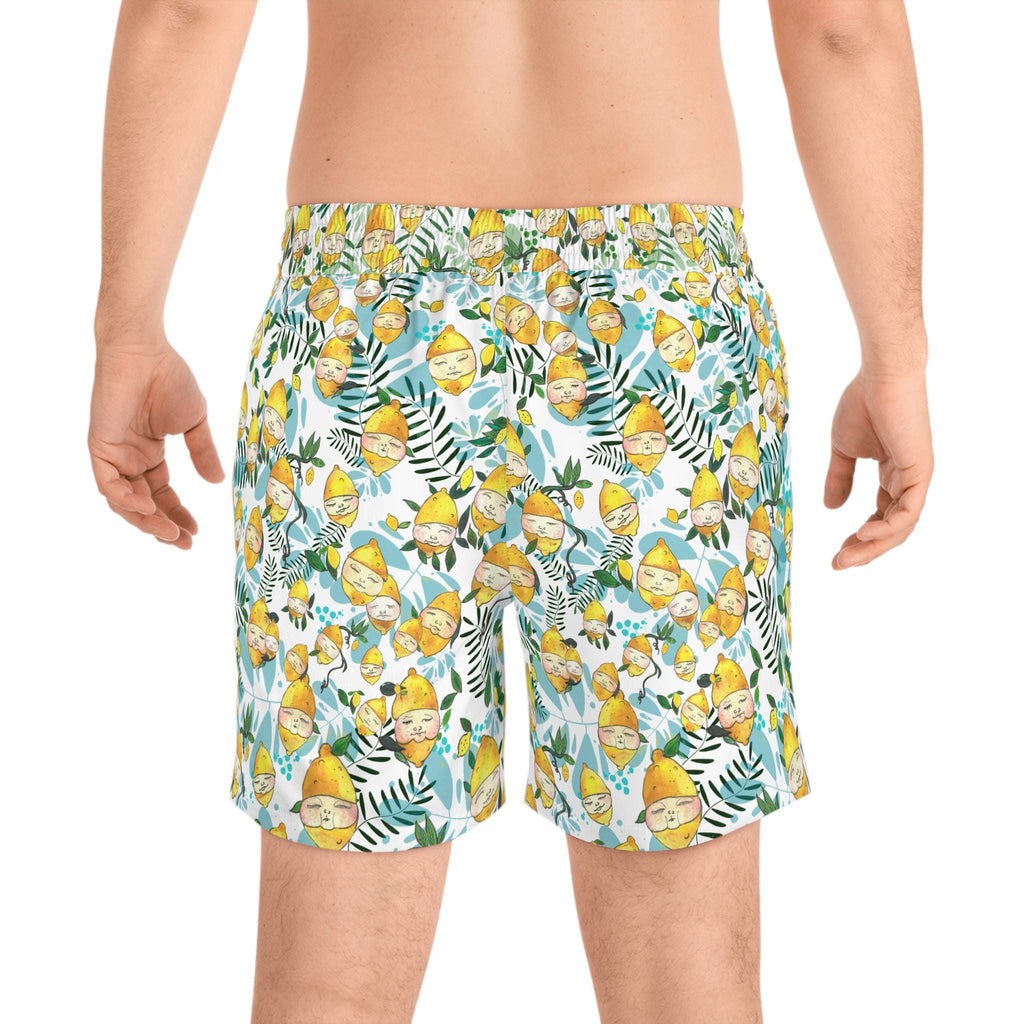 Men's Lemon Face Pattern Mid-Length Swim Shorts – Playful Summer Beachwear