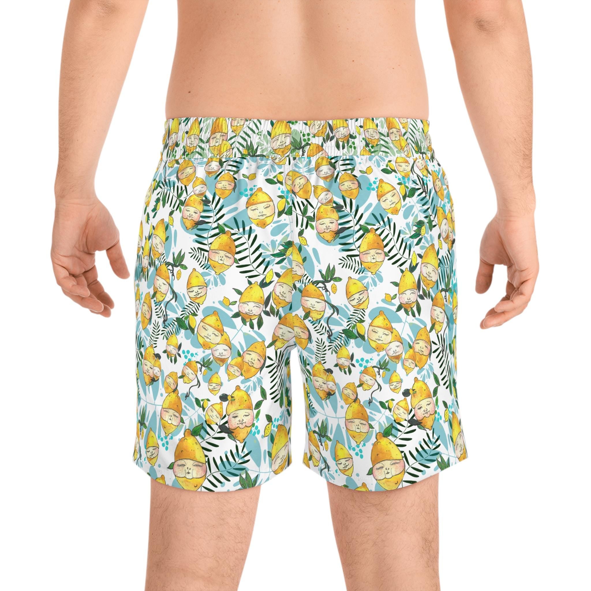 Men's Lemon Face Pattern Mid-Length Swim Shorts – Playful Summer Beachwear