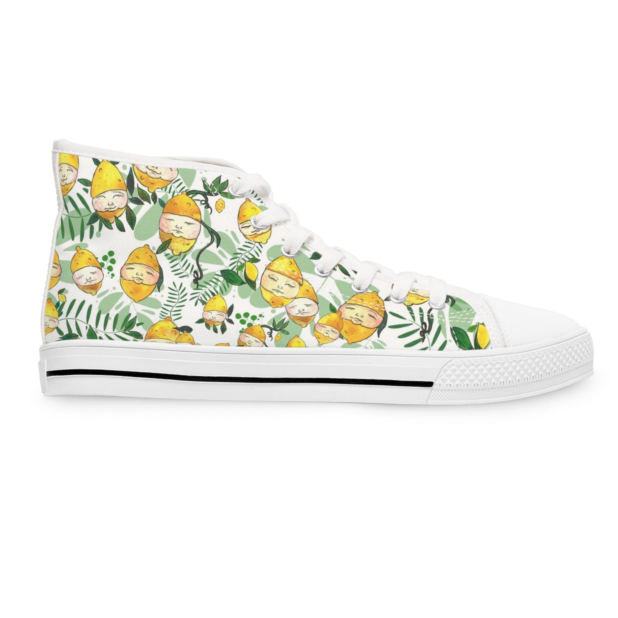 Lemon Blossom Pattern High Top Sneakers | Citrus Floral Canvas Shoes
