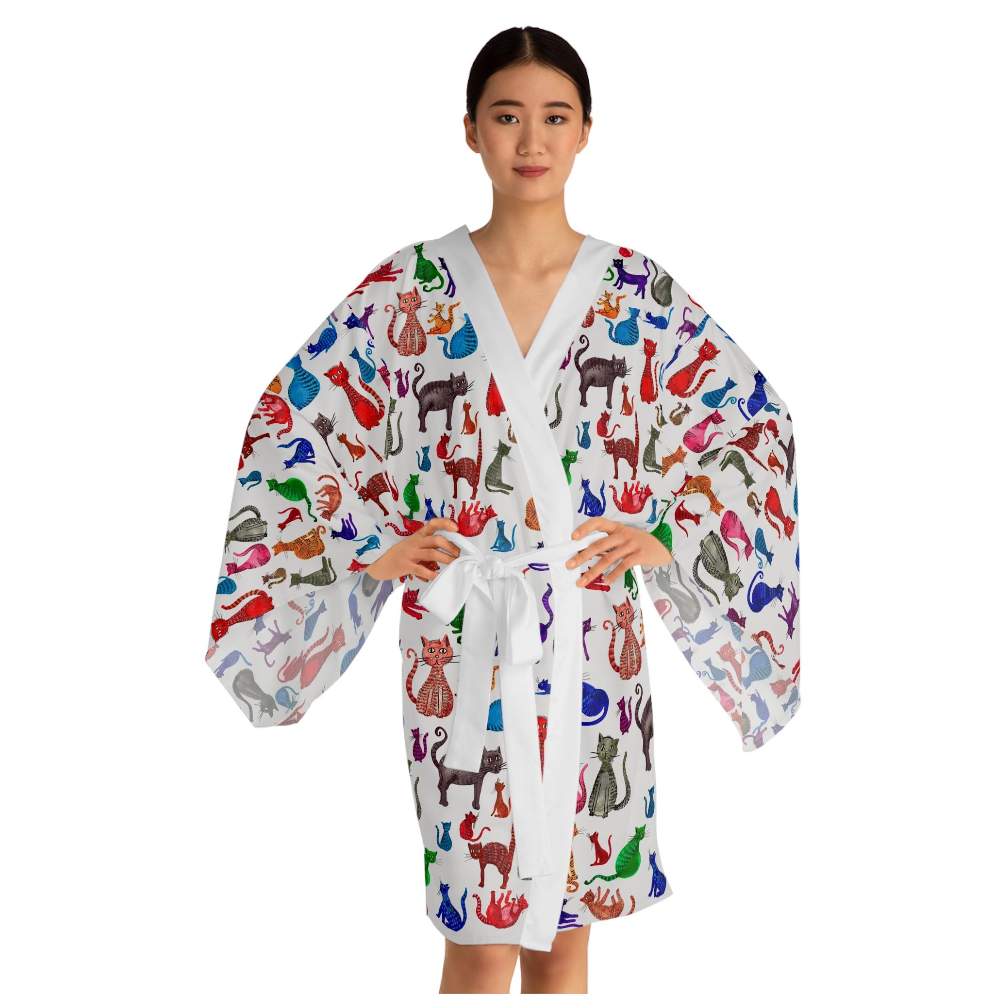 Colorful Cat Pattern Long Sleeve Kimono Robe | Rainbow Cats Print