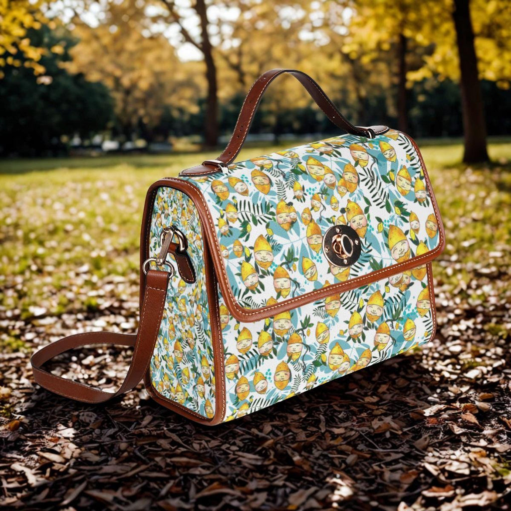 Lemon Floral Pattern Waterproof Canvas Bag | Tropical Fruit Leaves Satchel
