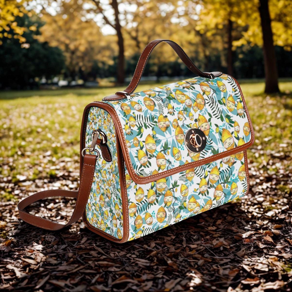 Lemon Floral Pattern Waterproof Canvas Bag | Tropical Fruit Leaves Satchel