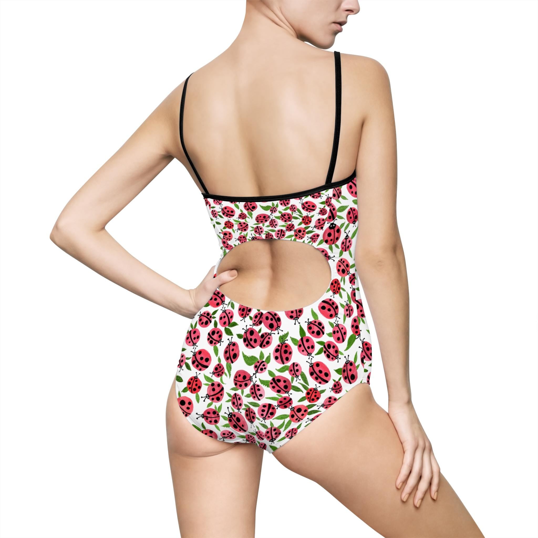Ladybug Print One-Piece Swimsuit | Hand-Drawn Whimsical Beachwear