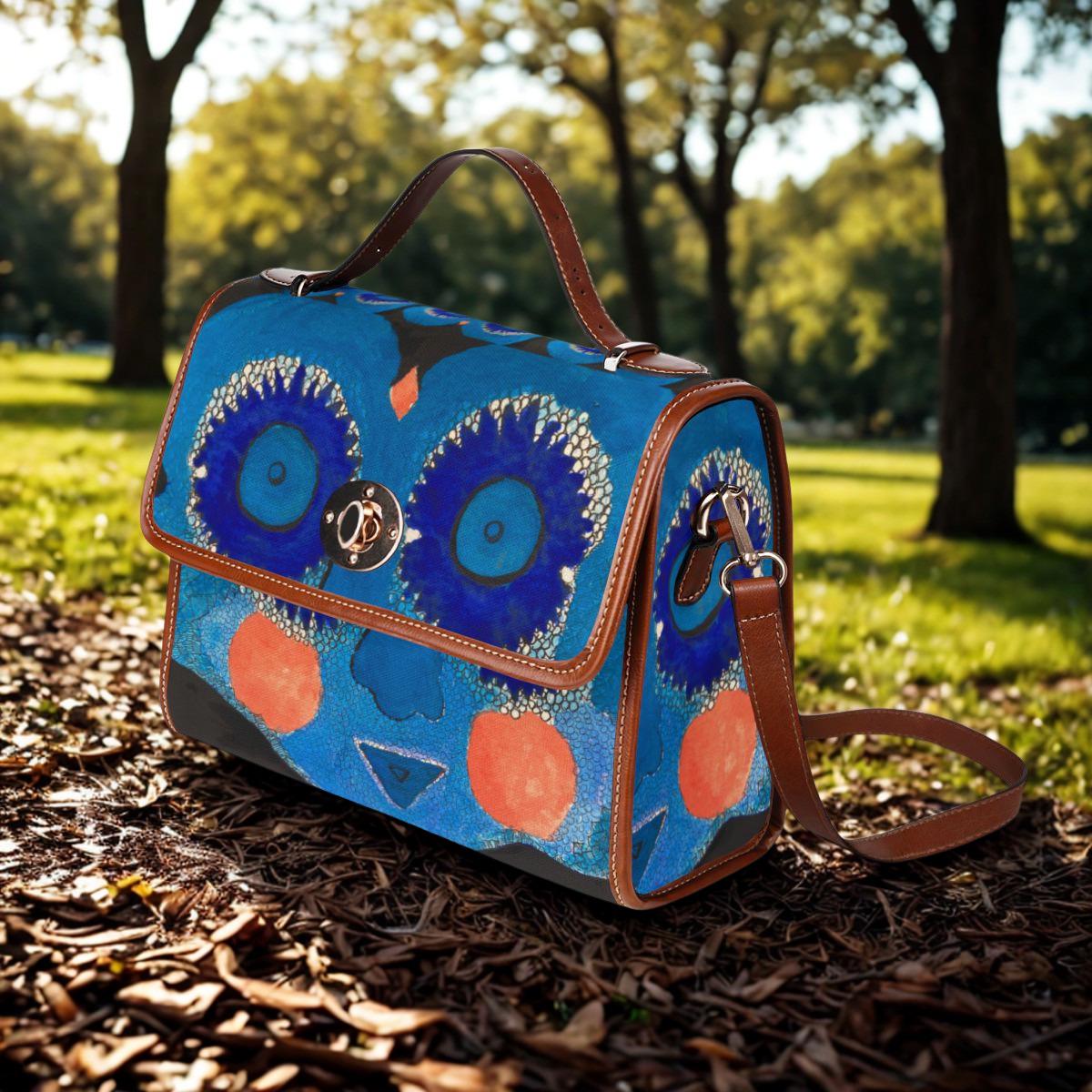 Blue Abstract Face Canvas Bag | Waterproof Art Tote, Surreal Floral Eyes