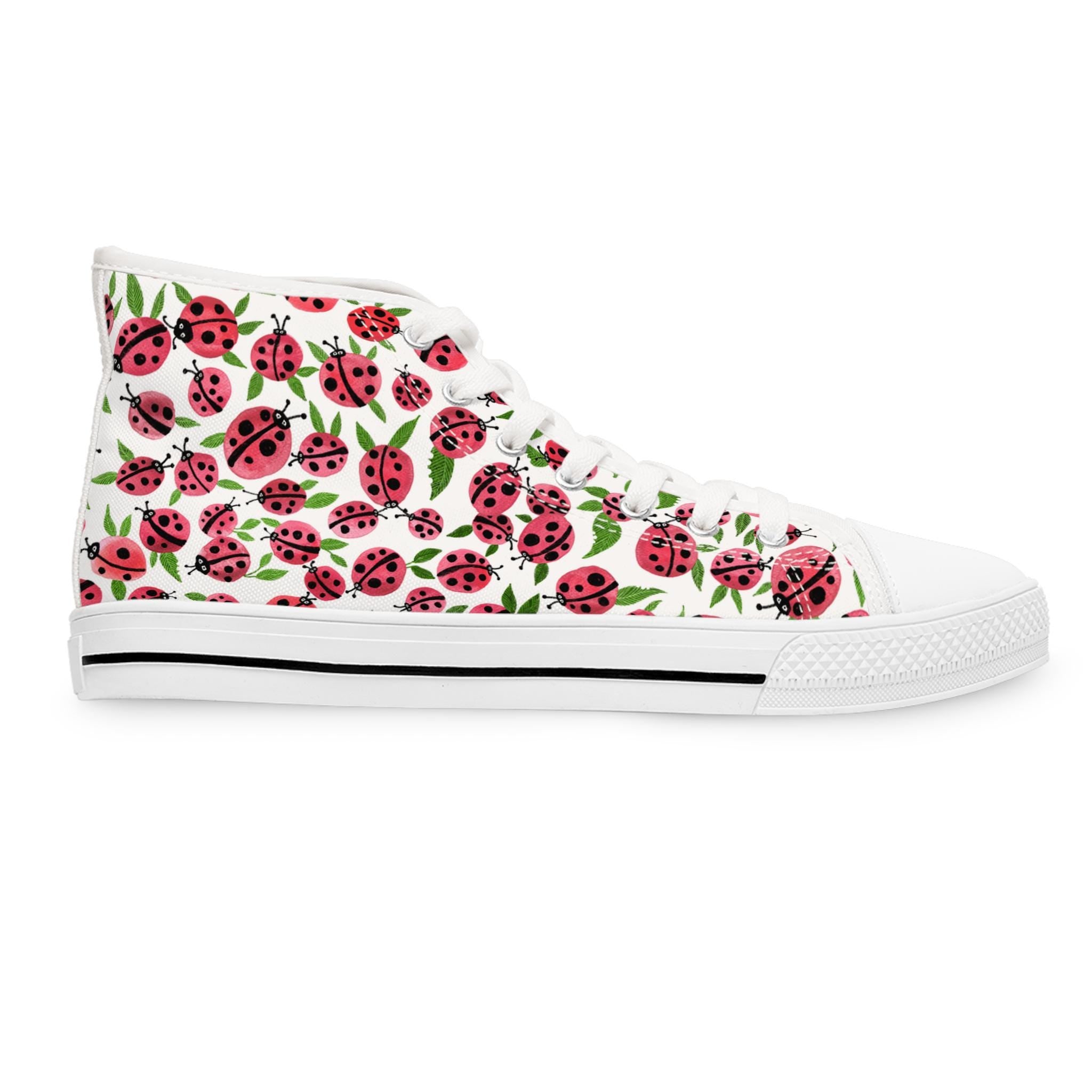 Pink Ladybug Leaf Pattern High Top Canvas Sneakers