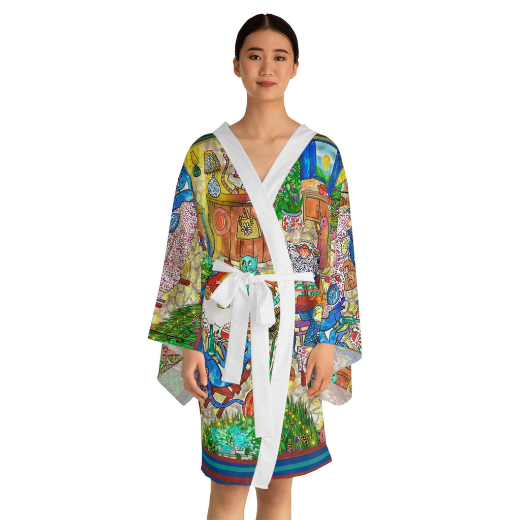 Whimsical Vintage Market Illustration Kimono Robe | All-Over Print