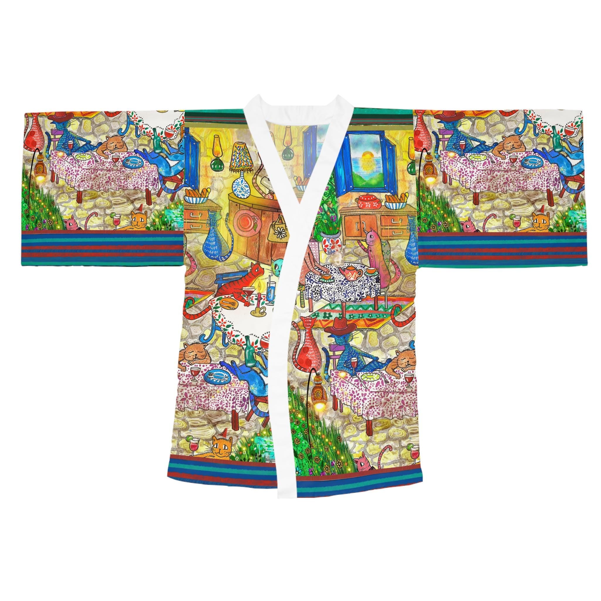 Whimsical Vintage Market Illustration Kimono Robe | All-Over Print