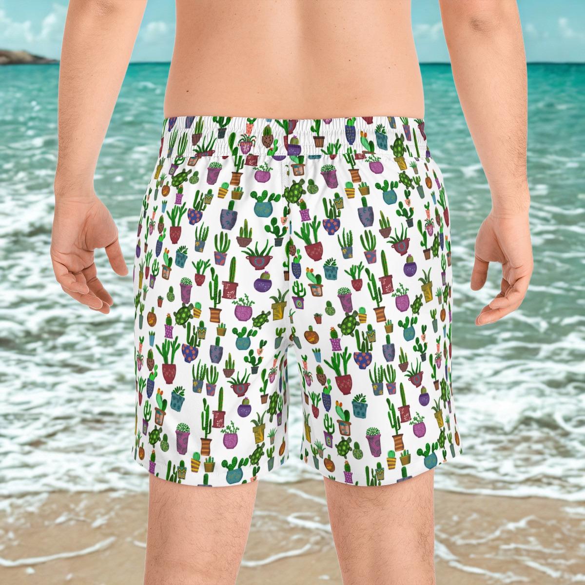 Potted Cactus Pattern Swim Shorts  Mens Mid Length