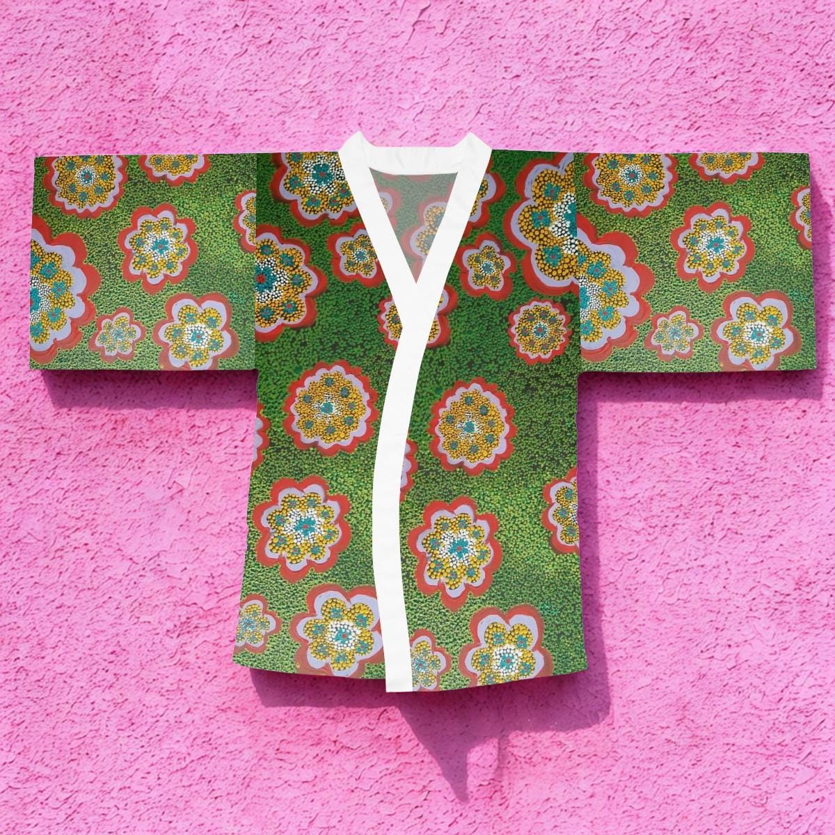 Floral Medallion Pattern Long Sleeve Kimono Robe | Green Retro Blossoms