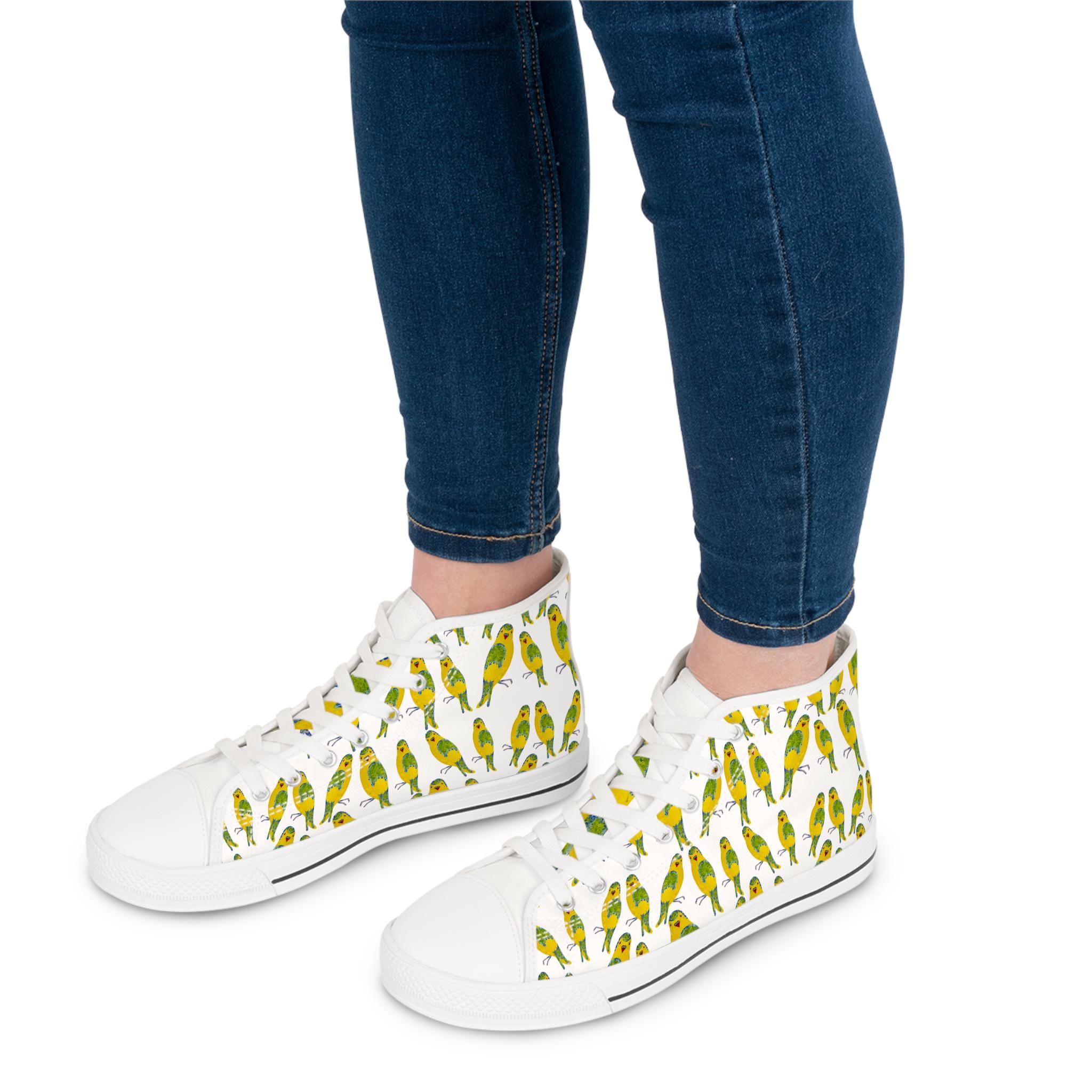 Green Budgie Pattern High Top Sneakers | Parakeet Bird Print Shoes