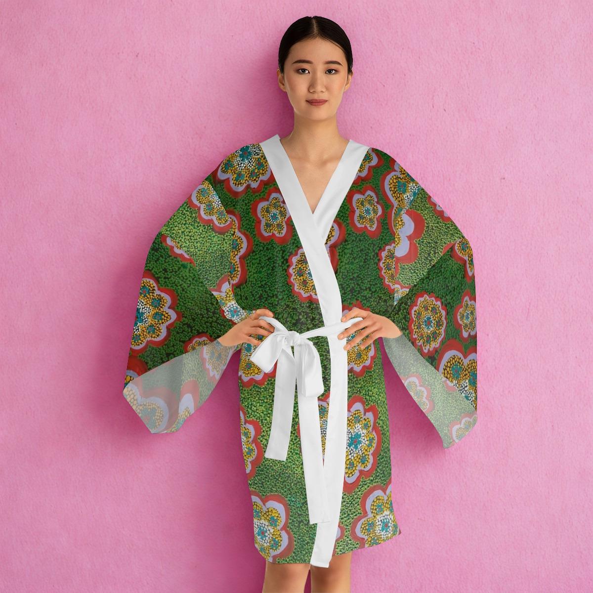 Floral Medallion Pattern Long Sleeve Kimono Robe | Green Retro Blossoms