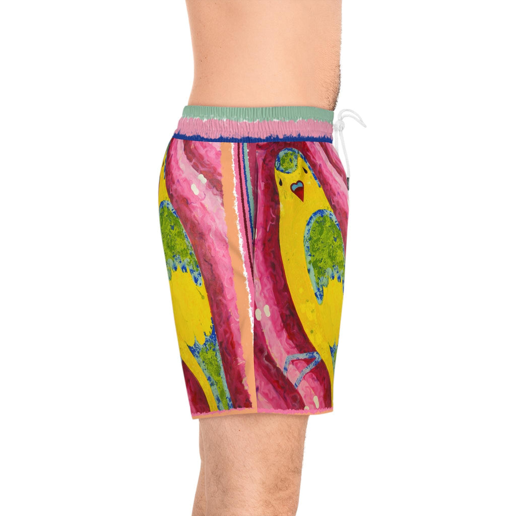 Hand-Painted Budgie Bird Print Swim Shorts | Mid-Length Beach Trunks