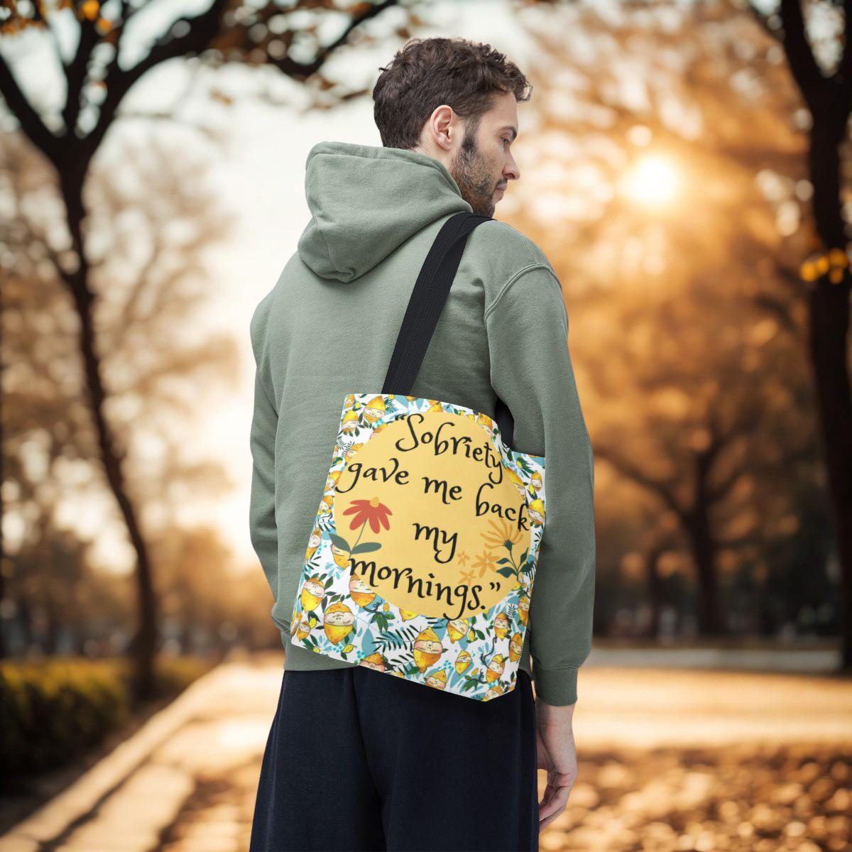 Sobriety gave me back my mornings Tote Bag | Illustrated Lemon Floral Pattern Tote