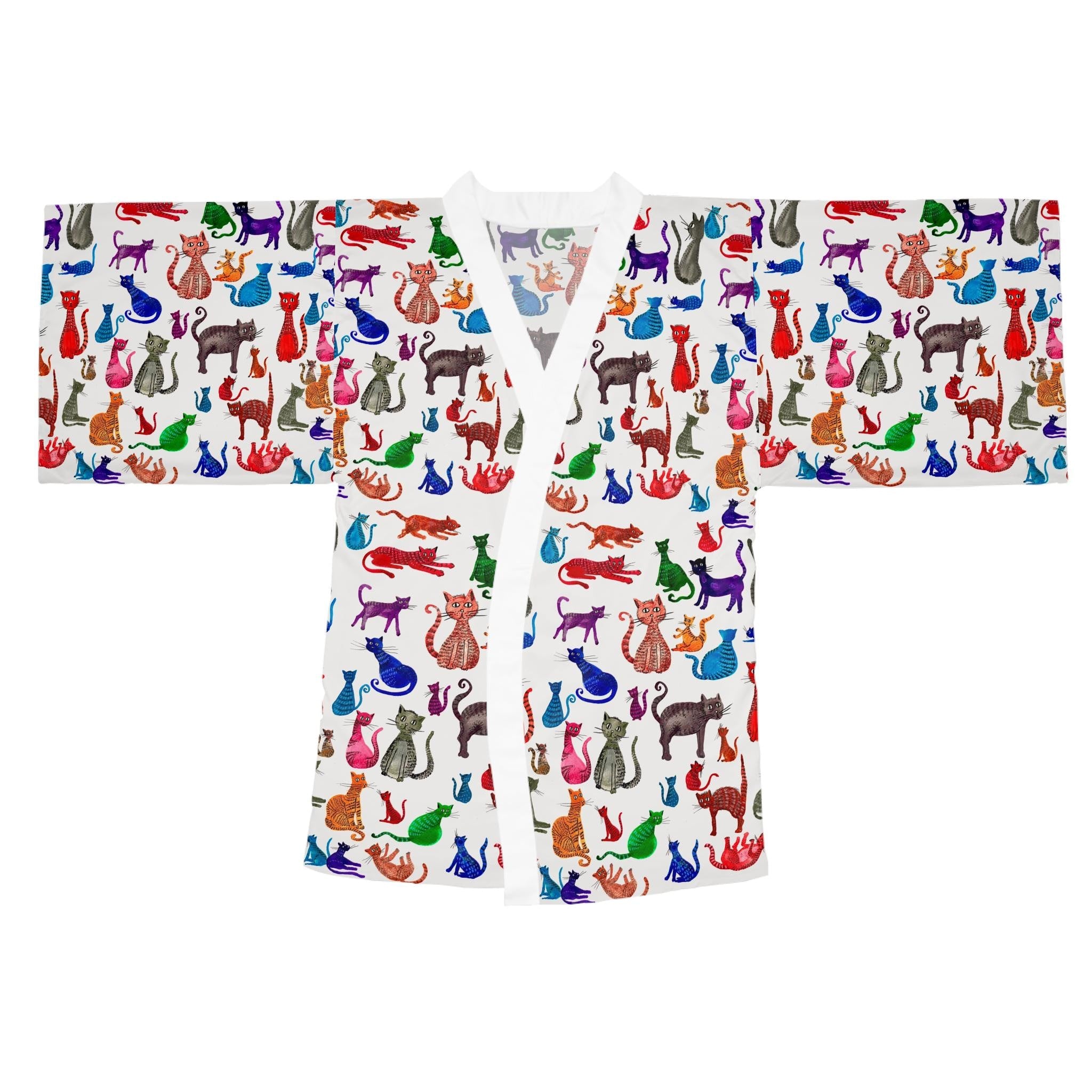 Colorful Cat Pattern Long Sleeve Kimono Robe | Rainbow Cats Print