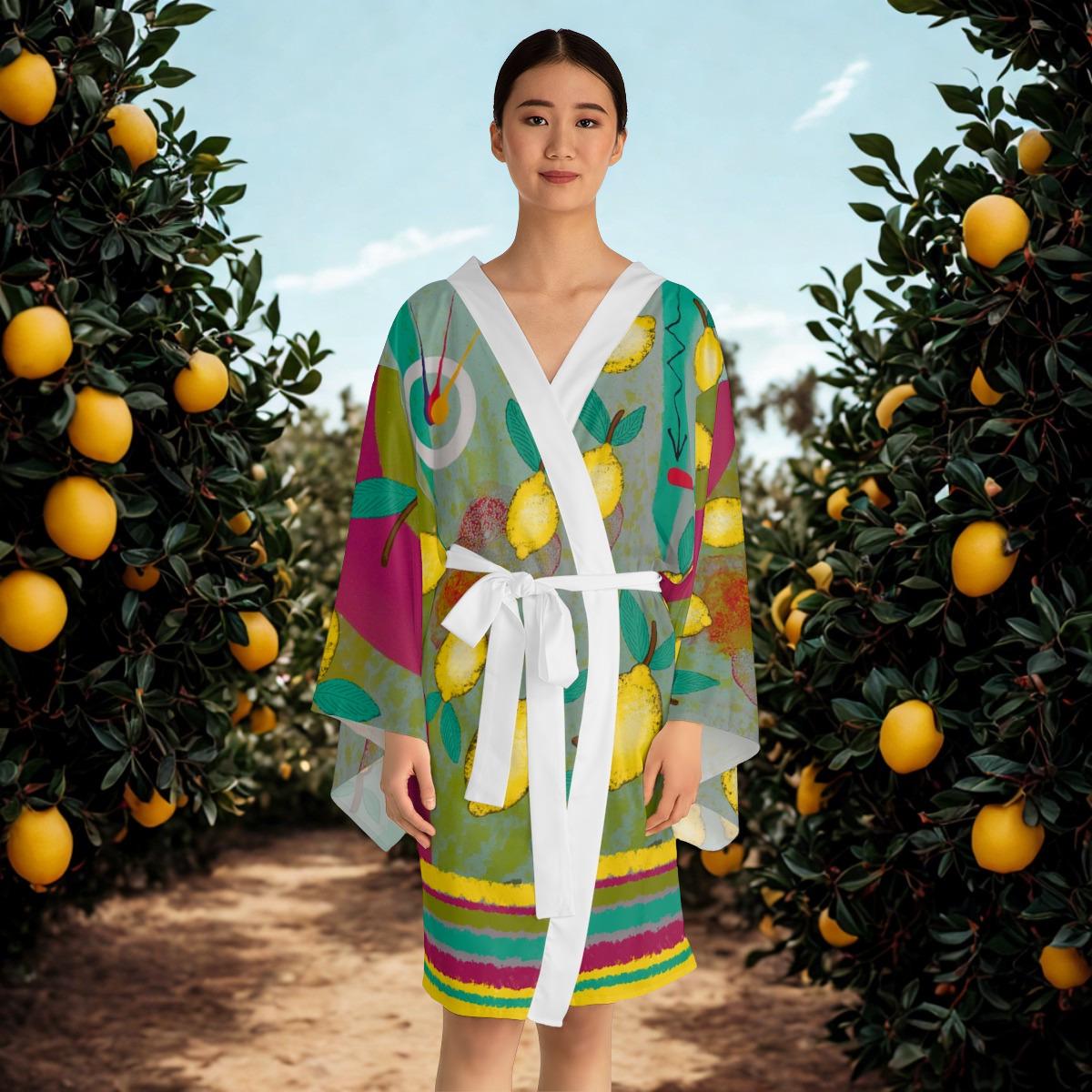 Lemon Grove Kimono Robe Long Sleeve | Citrus Pattern AOP