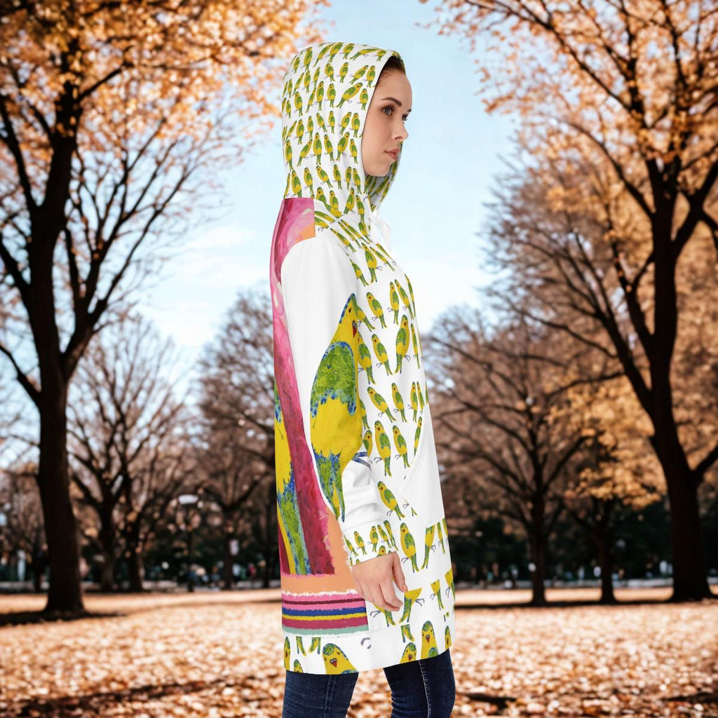 Yellow Budgie Pattern Hoodie Dress | All-Over Print Parakeet Design