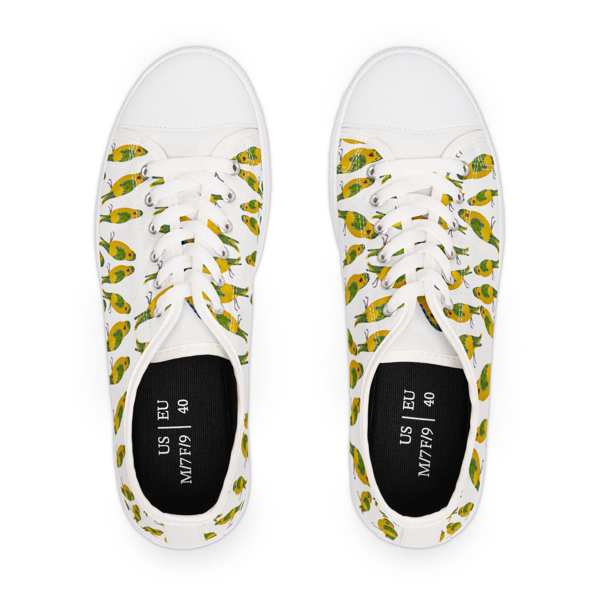 Green Budgie Pattern Sneakers | Parakeet Bird Print Low Top Shoes