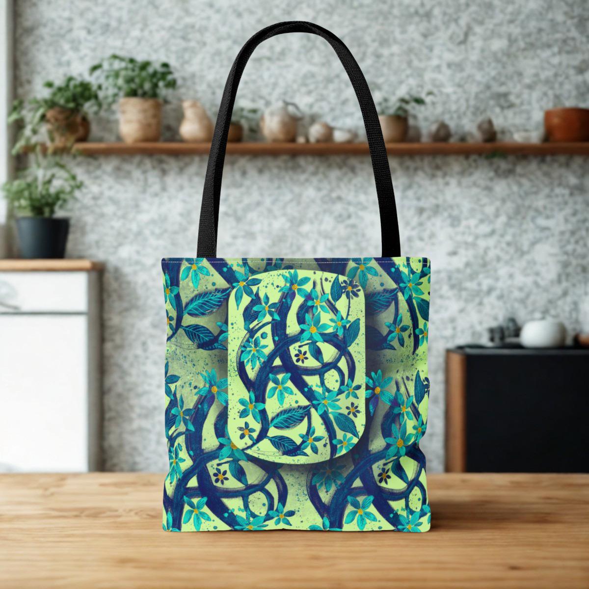 Teal Floral Vines Tote Bag | All-Over Print Botanical Pattern