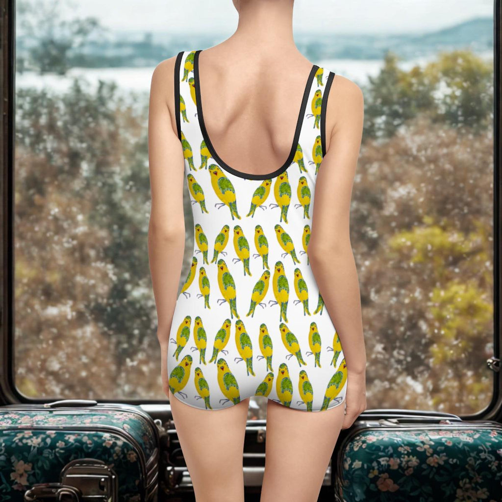 Yellow Green Parakeet Pattern Swimsuit | Vintage Bird One-Piece