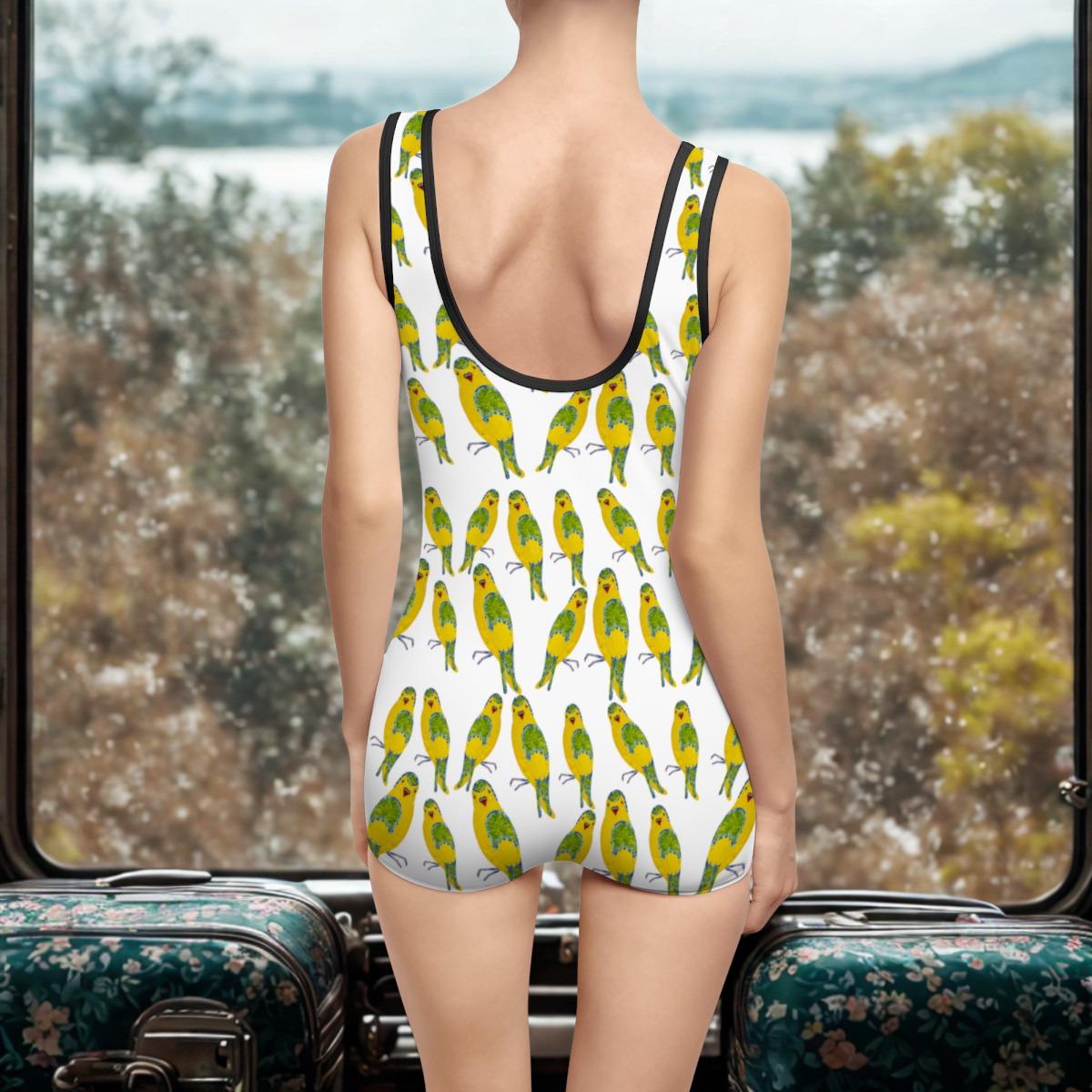 Yellow Green Parakeet Pattern Swimsuit | Vintage Bird One-Piece