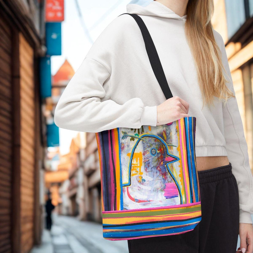 Colorful Abstract Bird Tote Bag | Vibrant Striped Border