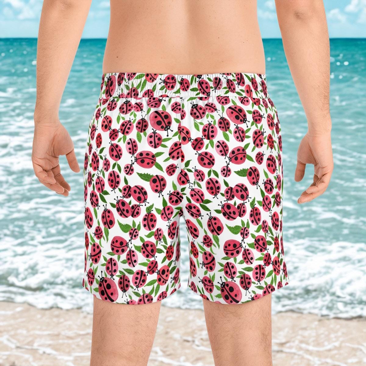 Men's Ladybug Pattern Swim Shorts | Mid-Length Beachwear, Summer Fun