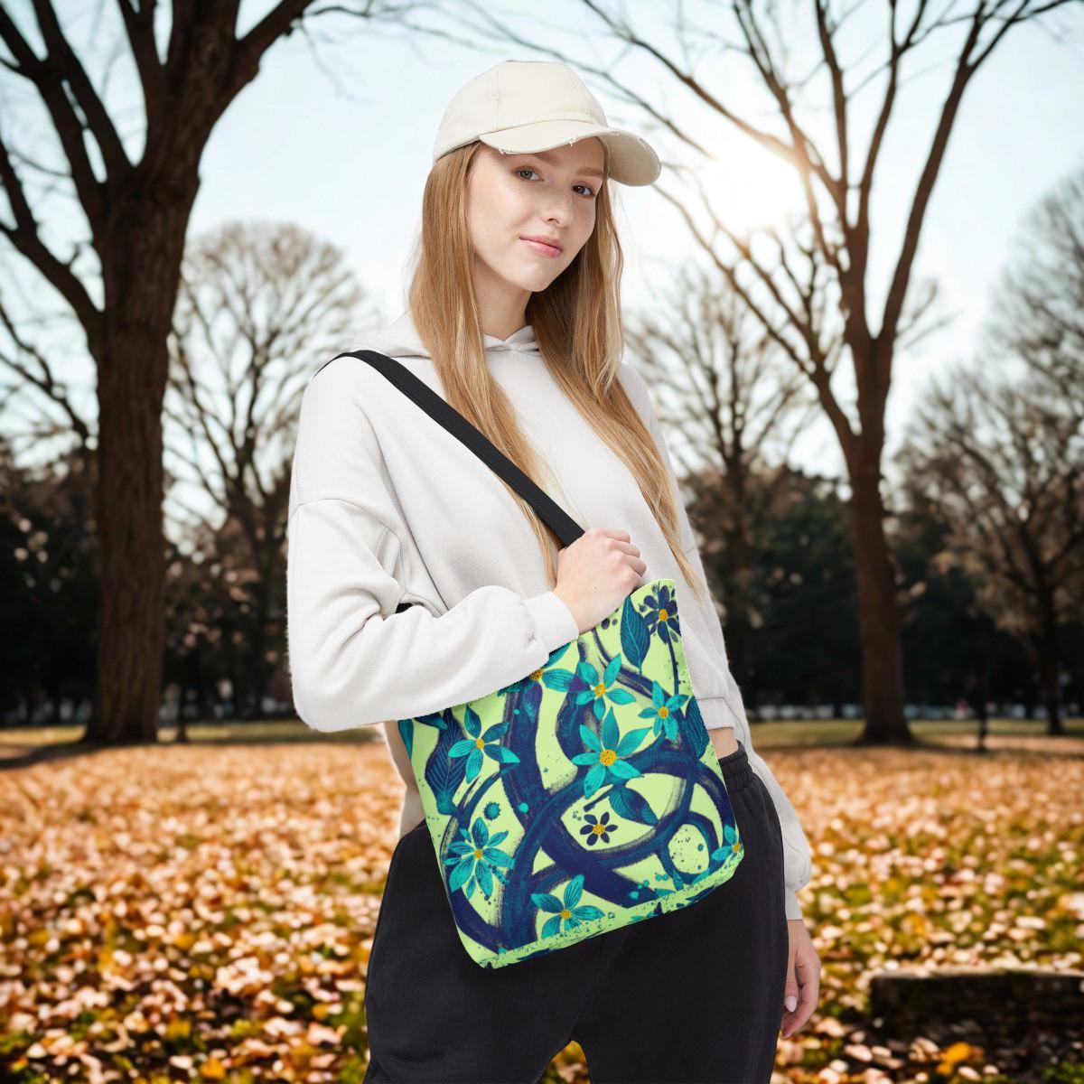 Teal Floral Vines Tote Bag | All-Over Print Botanical Pattern