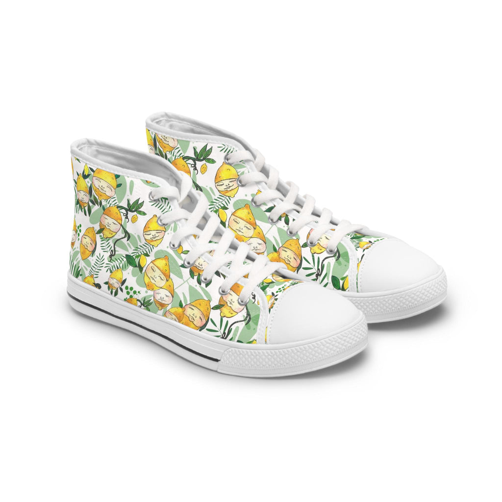 Lemon Blossom Pattern High Top Sneakers | Citrus Floral Canvas Shoes