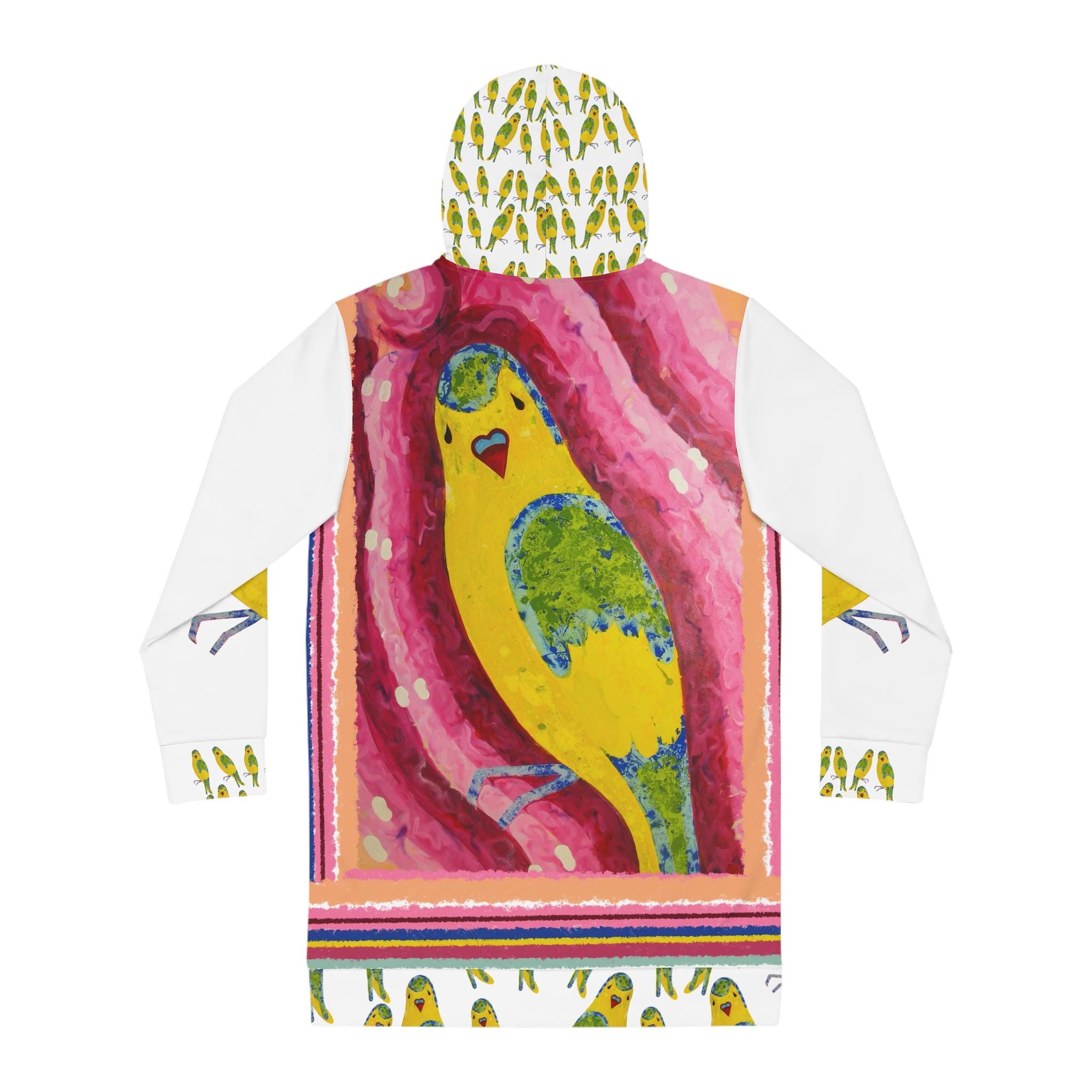 Yellow Budgie Pattern Hoodie Dress | All-Over Print Parakeet Design