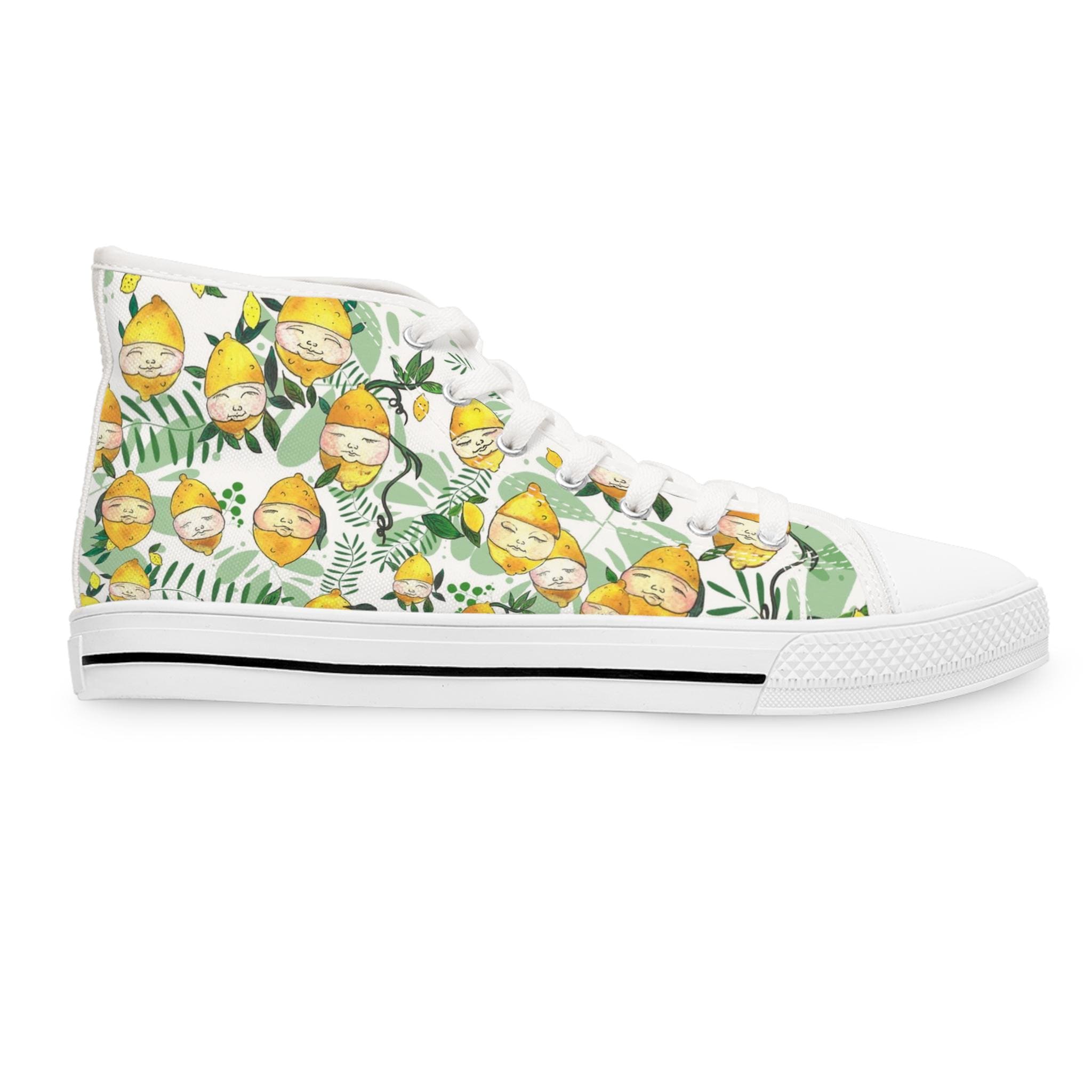 Lemon Blossom Pattern High Top Sneakers | Citrus Floral Canvas Shoes
