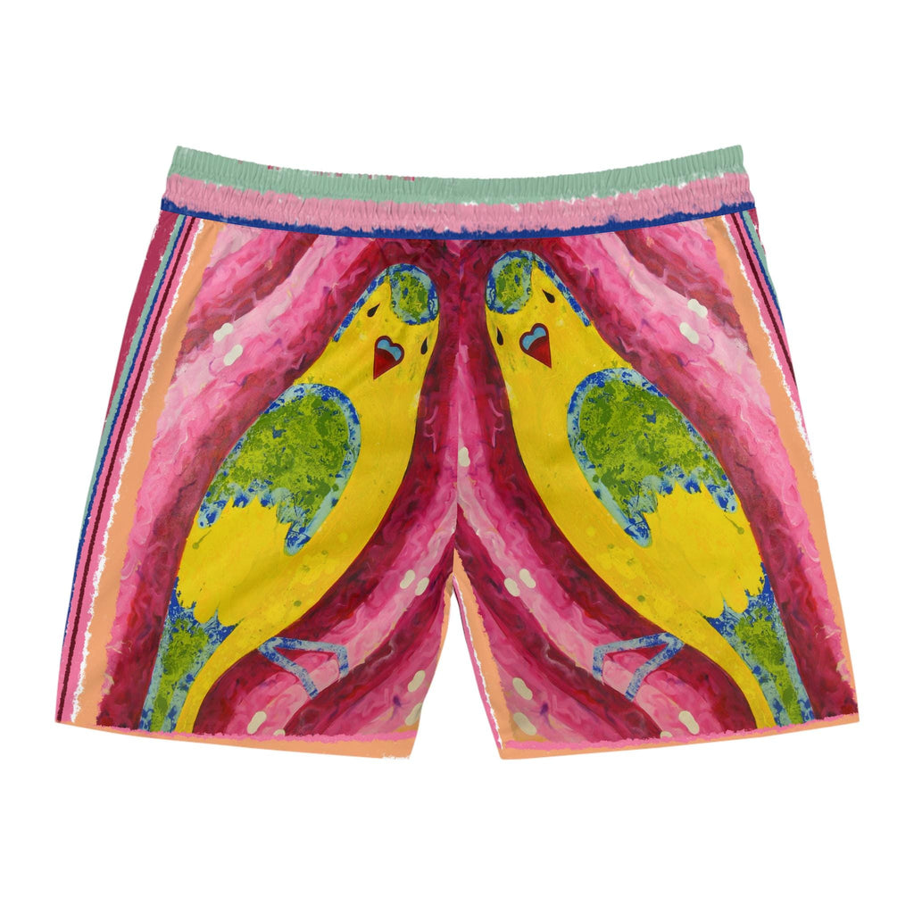 Hand-Painted Budgie Bird Print Swim Shorts | Mid-Length Beach Trunks