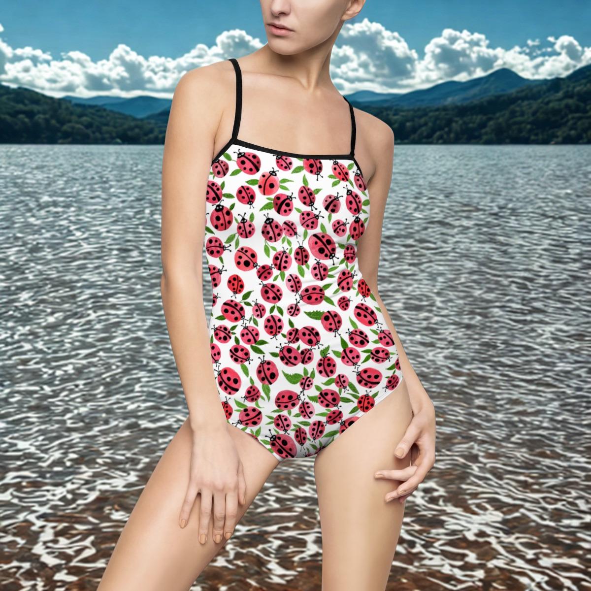 Ladybug Print One-Piece Swimsuit | Hand-Drawn Whimsical Beachwear