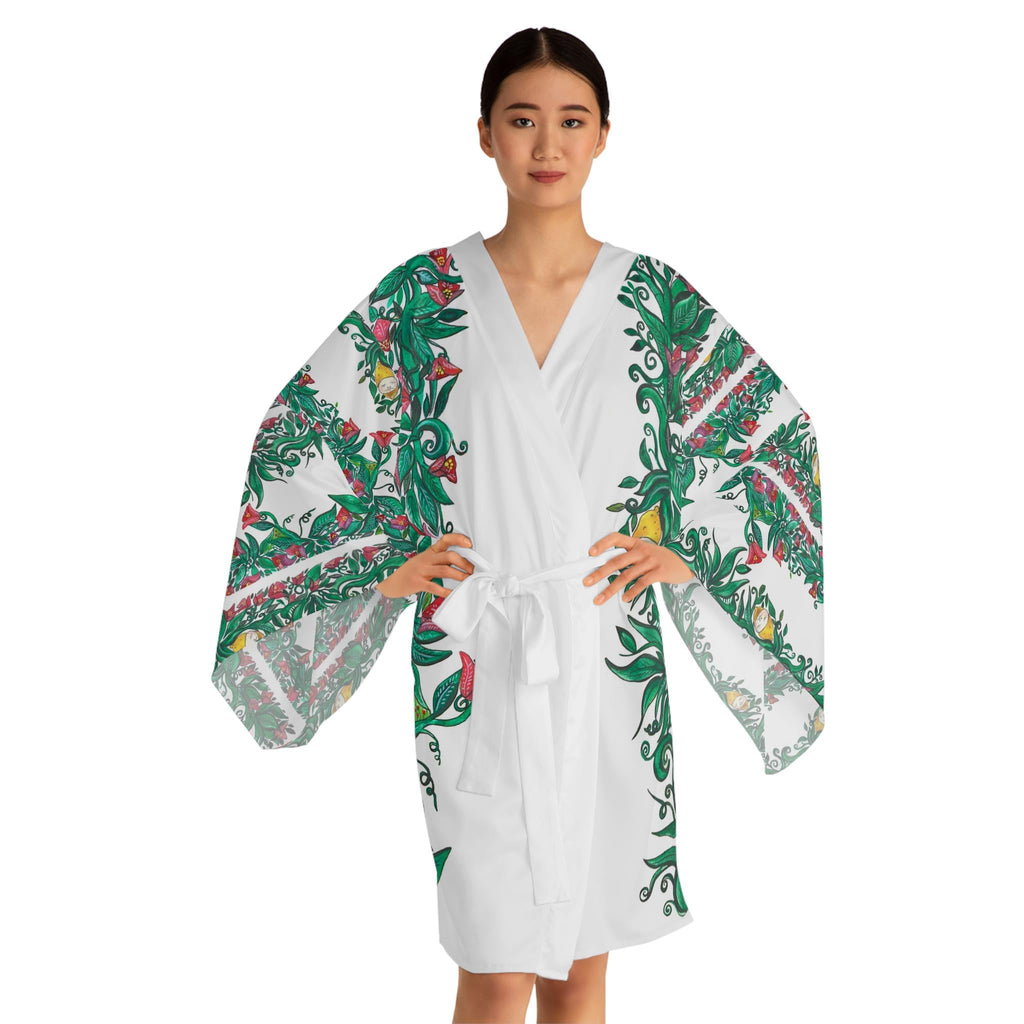 Forest Floral Vine Kimono Robe | Hibiscus Leaf Border