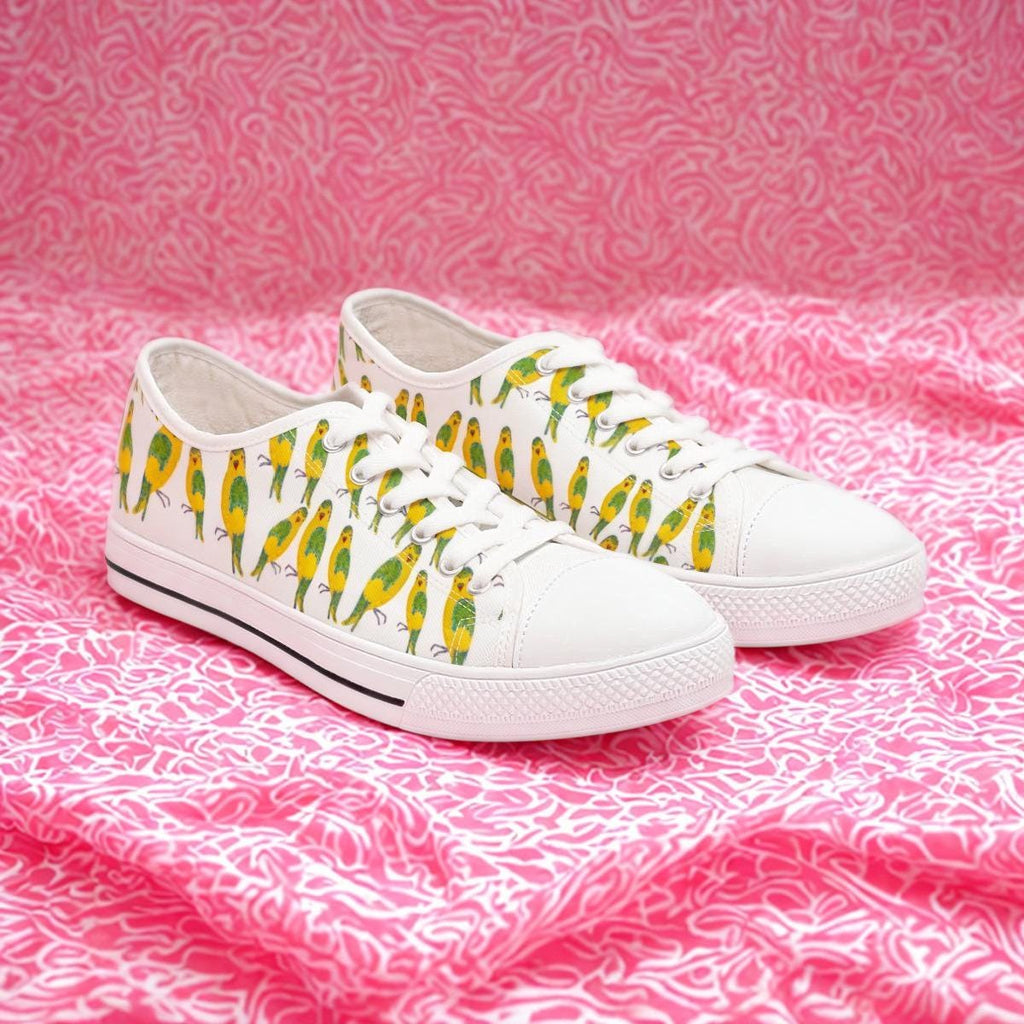 Green Budgie Pattern Sneakers | Parakeet Bird Print Low Top Shoes