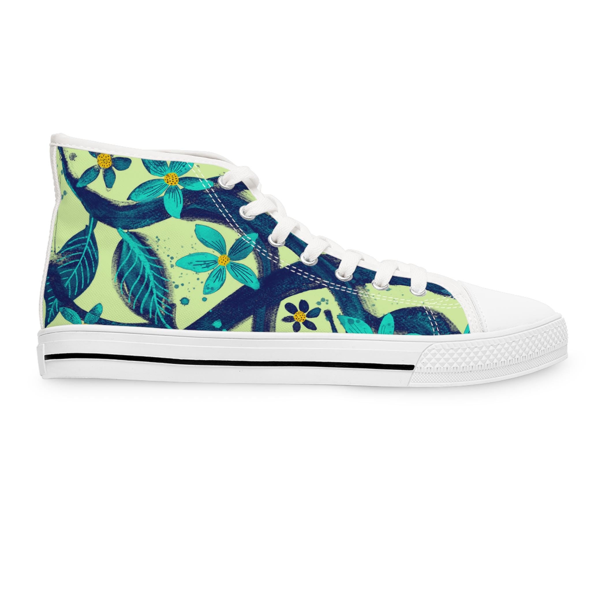 Teal Floral Hand-Painted High Top Sneakers | Artsy Canvas Shoes