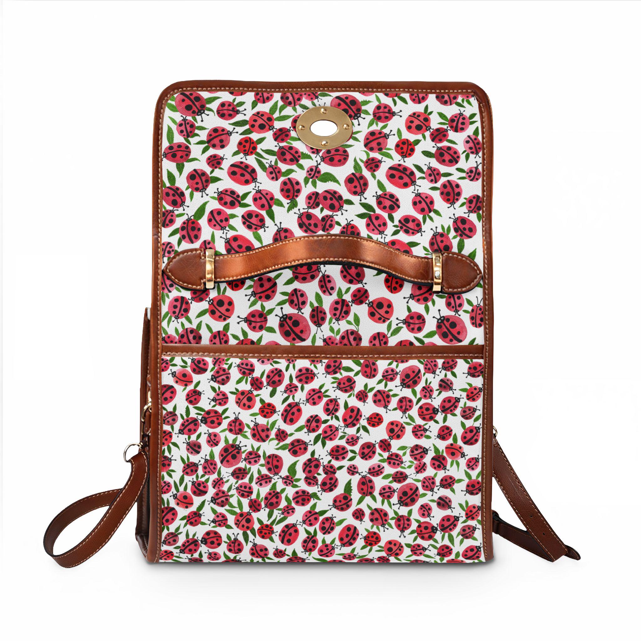 Ladybug Pattern Waterproof Canvas Bag | Floral Ladybugs Crossbody Backpack