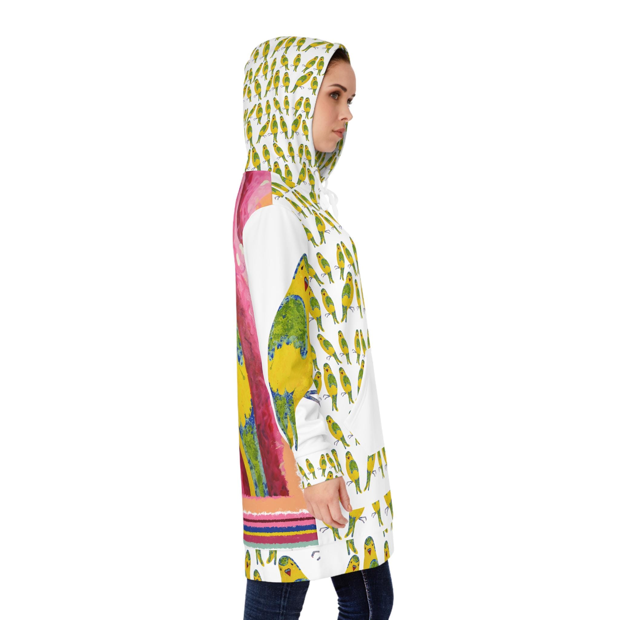 Yellow Budgie Pattern Hoodie Dress | All-Over Print Parakeet Design