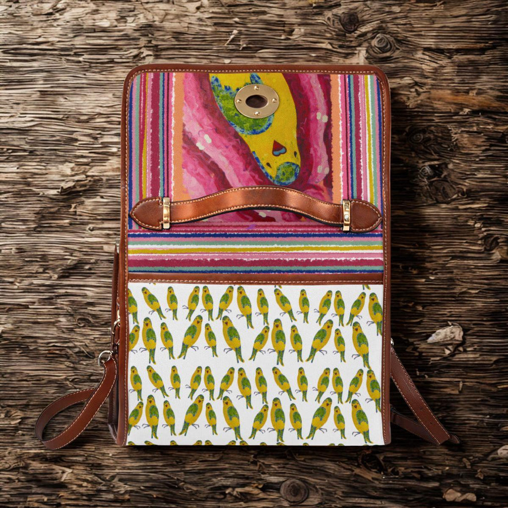 Colorful Striped Parrot Illustration Waterproof Canvas Bag | Tropical Bird Pattern
