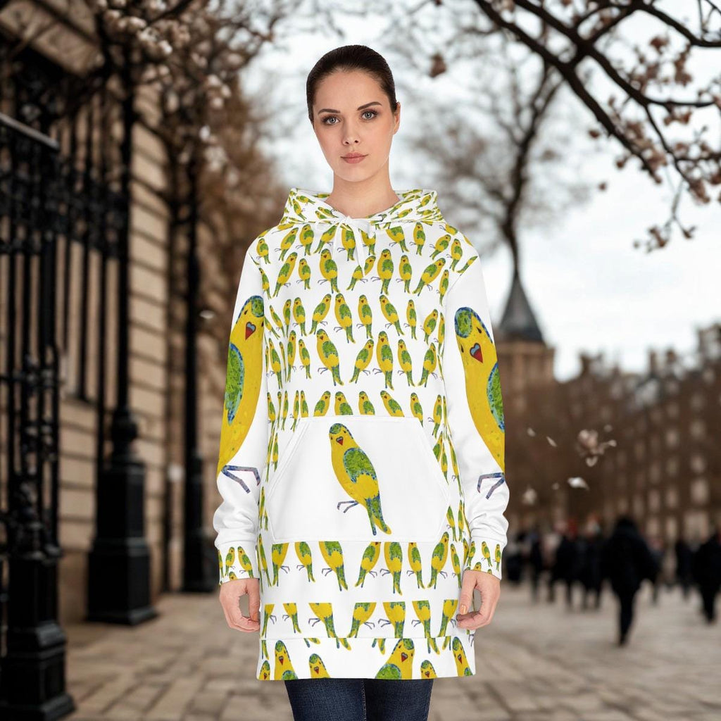 Yellow Budgie Pattern Hoodie Dress | All-Over Print Parakeet Design