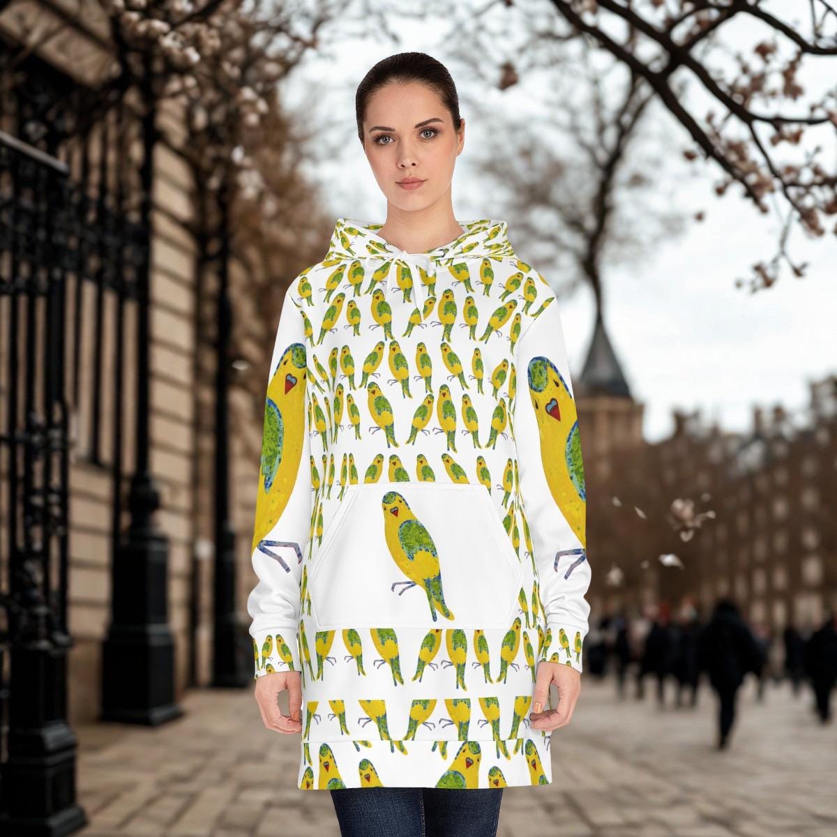 Yellow Budgie Pattern Hoodie Dress | All-Over Print Parakeet Design