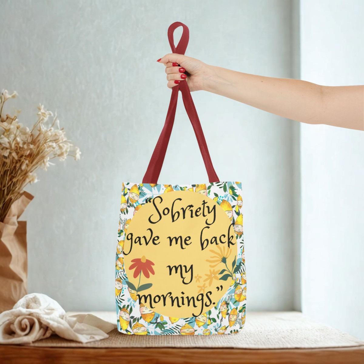 Sobriety gave me back my mornings Tote Bag | Illustrated Lemon Floral Pattern Tote