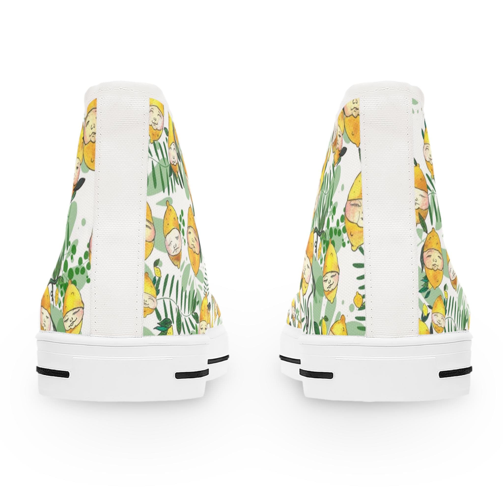 Lemon Blossom Pattern High Top Sneakers | Citrus Floral Canvas Shoes