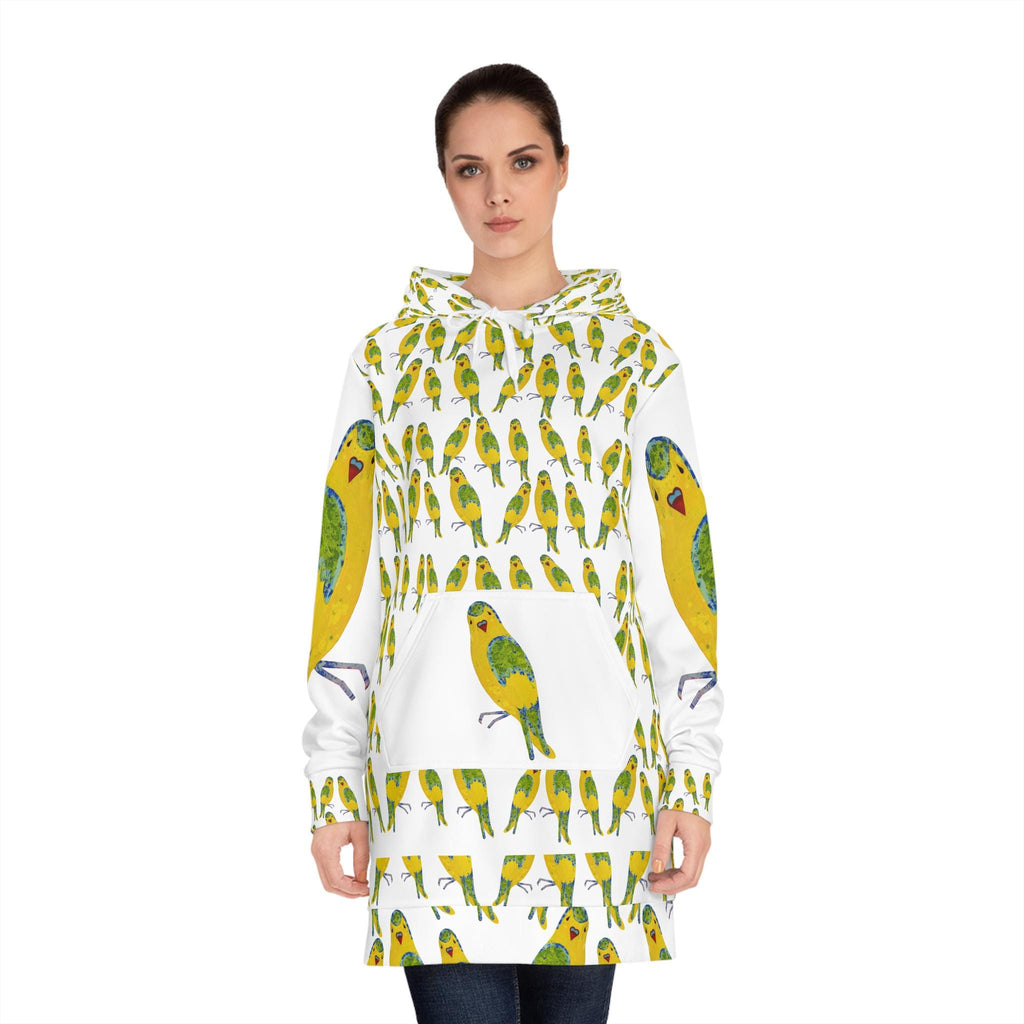 Yellow Budgie Pattern Hoodie Dress | All-Over Print Parakeet Design