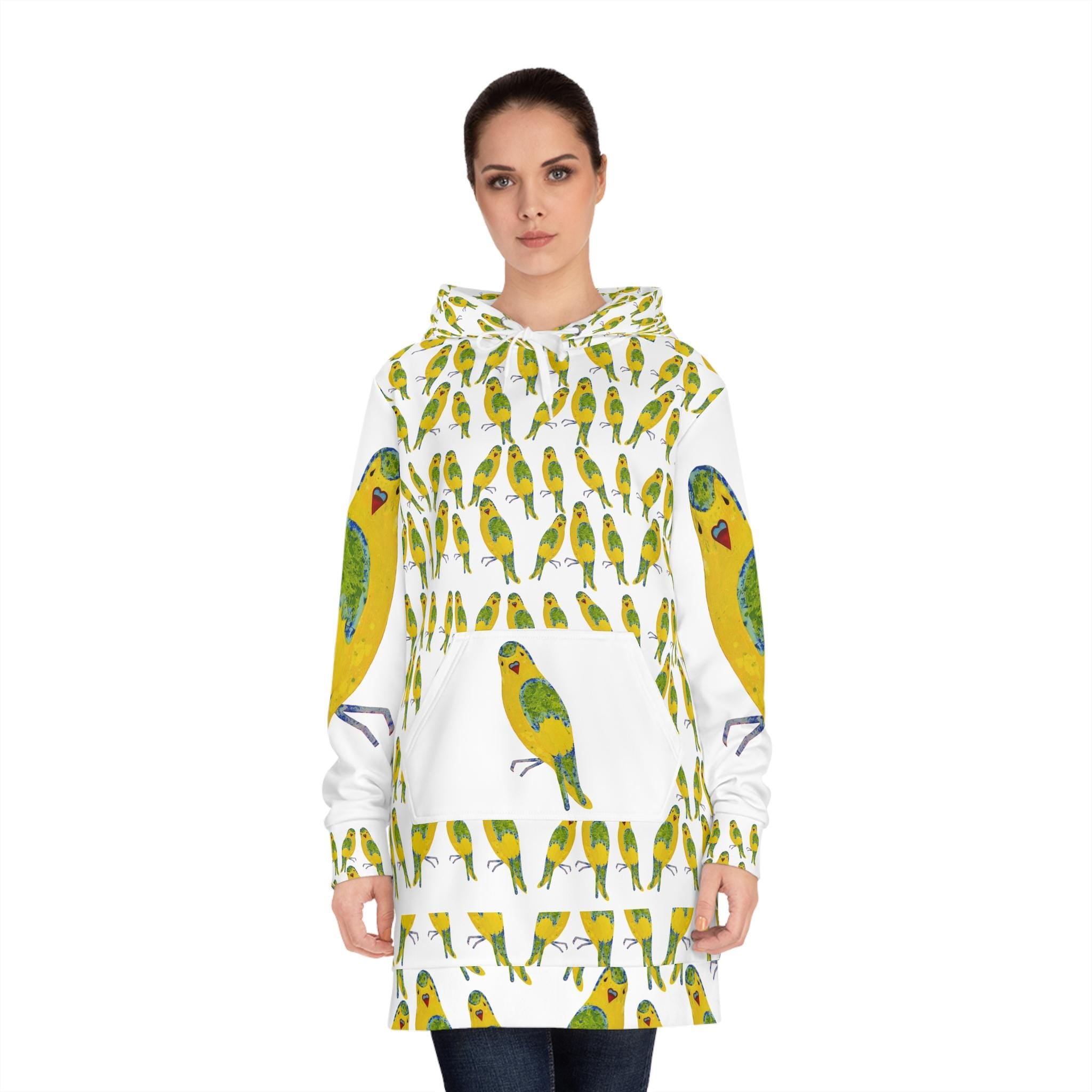 Yellow Budgie Pattern Hoodie Dress | All-Over Print Parakeet Design