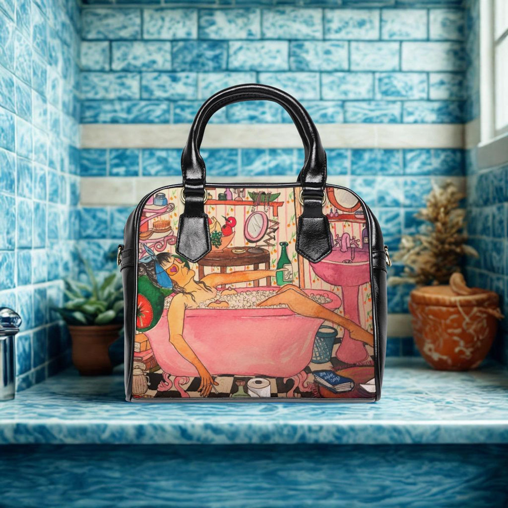 Woman Relaxing in Pink Bathtub Shoulder Handbag | Vintage Bathroom Illustration
