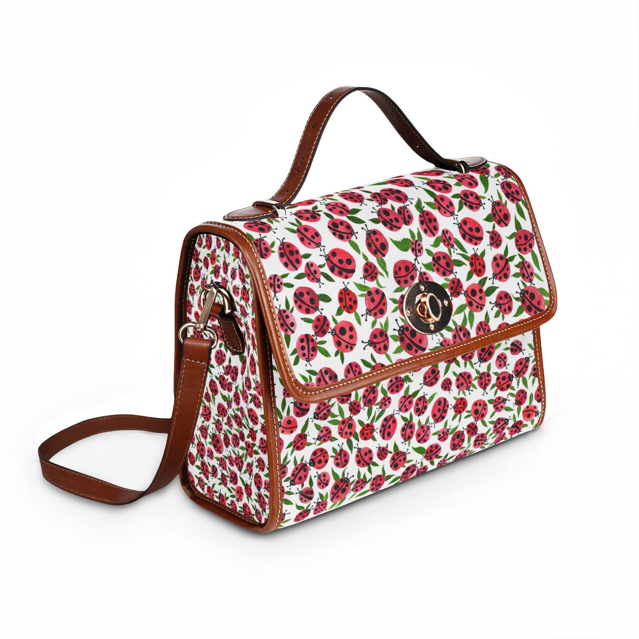 Ladybug Pattern Waterproof Canvas Bag | Floral Ladybugs Crossbody Backpack