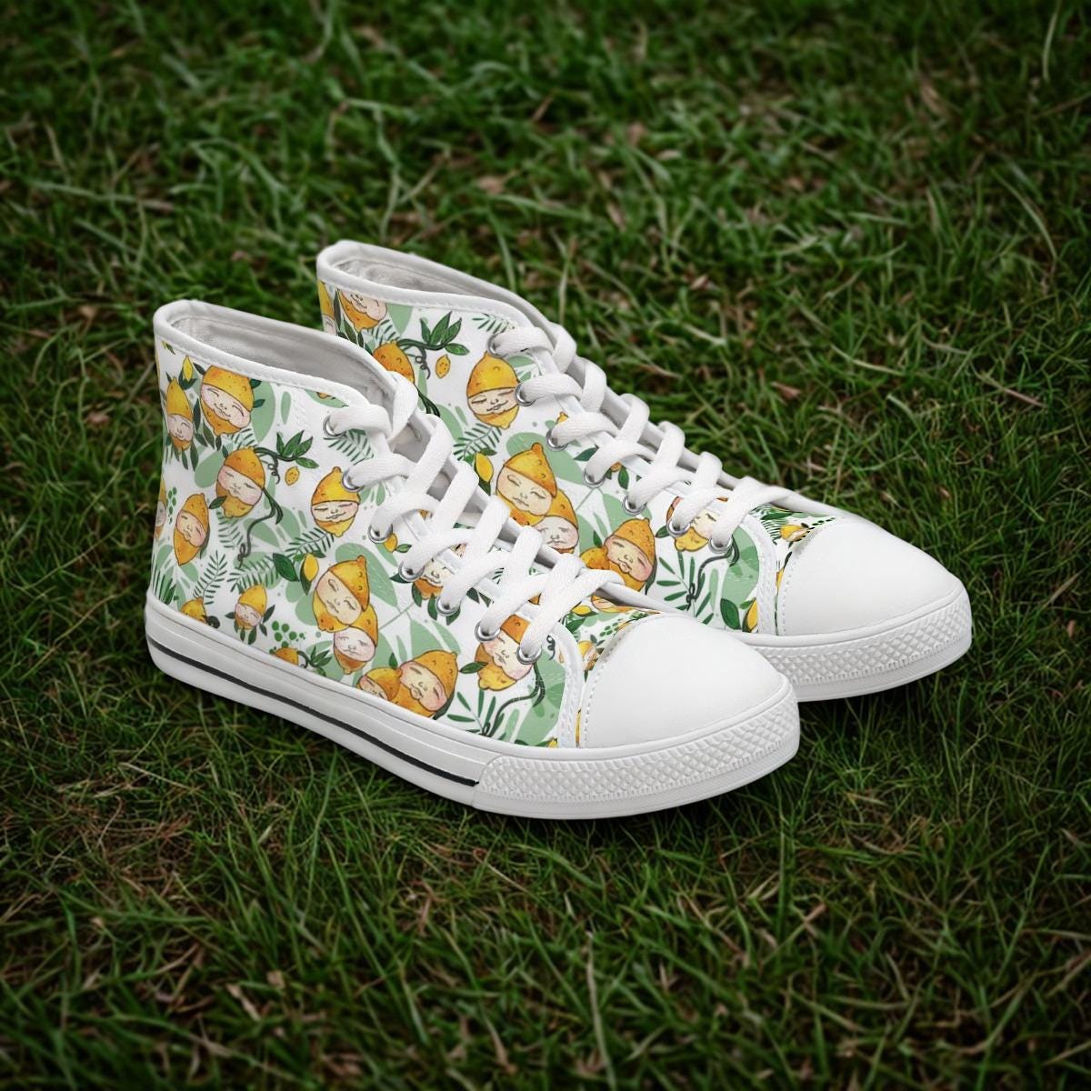 Lemon Blossom Pattern High Top Sneakers | Citrus Floral Canvas Shoes