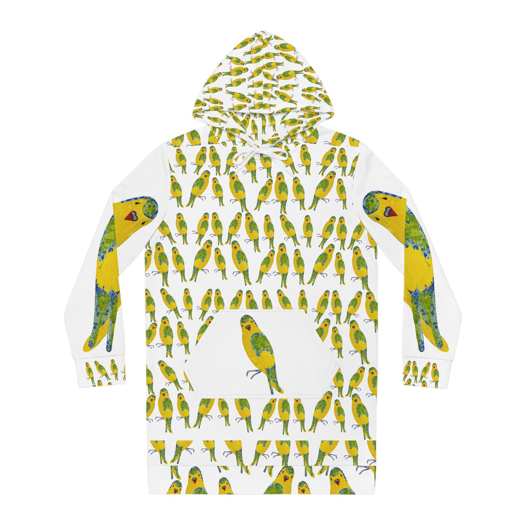 Yellow Budgie Pattern Hoodie Dress | All-Over Print Parakeet Design