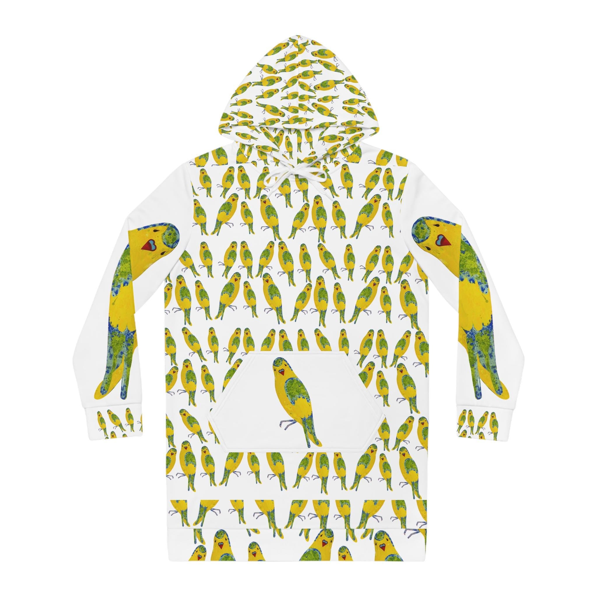 Yellow Budgie Pattern Hoodie Dress | All-Over Print Parakeet Design